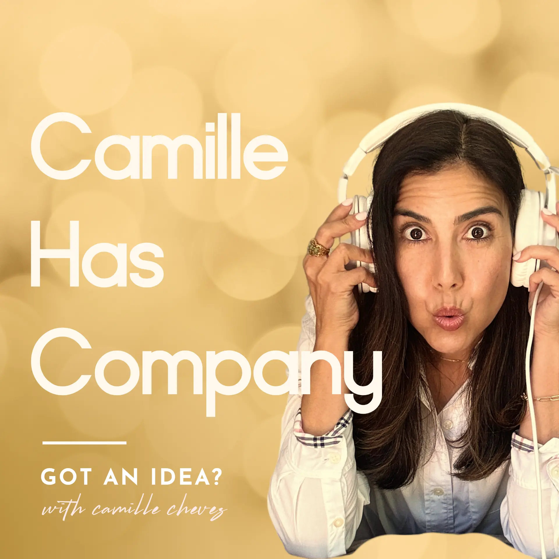 Camille Has Company podcast cover — Camille wearing white headphones with a playful expression