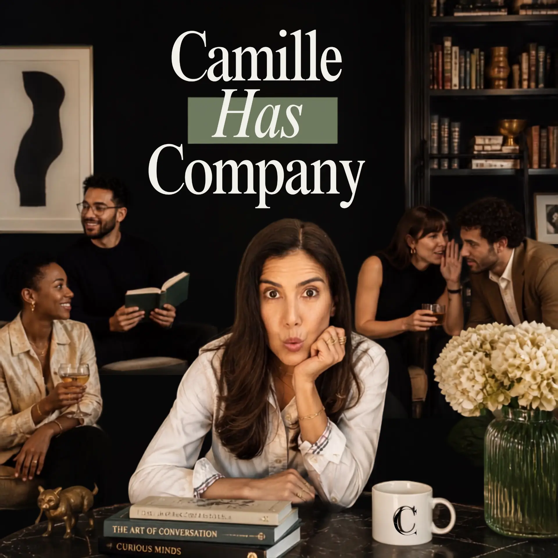 Camille Has Company podcast cover — Camille wearing white headphones with a playful expression