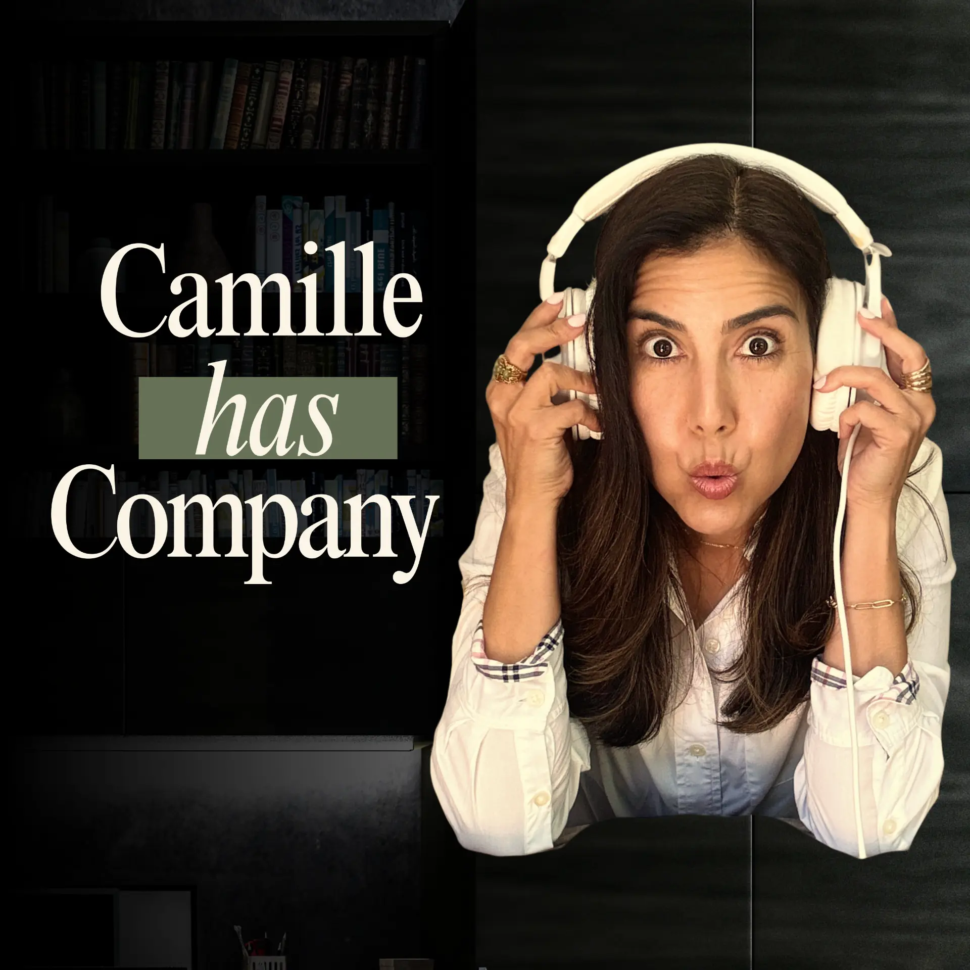 Camille Has Company podcast cover — Camille wearing white headphones with a playful expression