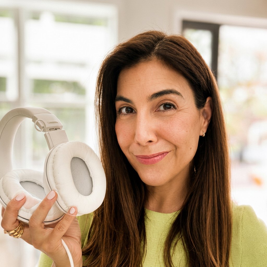 Camille smiling while holding white headphones